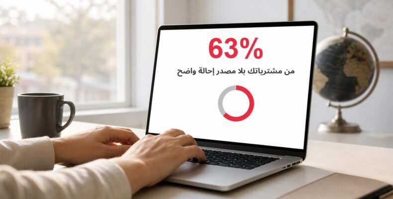 صورة لابتوب حقيقي، الشاشة تعرض 63 بالمئة من المشتريات بلا مصدر إحالة واضح