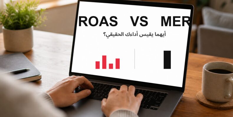 صورة لابتوب حقيقية على مكتب، الشاشة تعرض عنوان ROAS مقابل MER مع أعمدة حمراء متفرقة مقابل عمود أسود واحد موحد، يمثل تعدد أرقام المنصات مقابل رقم واحد صادق