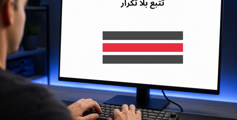 صورة شاشة كمبيوتر حقيقية بإضاءة زرقاء، الشاشة تعرض عنوان تتبع بلا تكرار مع ثلاثة أشرطة تمثل طبقات التتبع