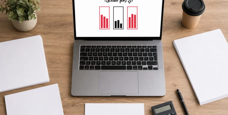 صورة مكتب حقيقية من الأعلى، لابتوب بشاشة تعرض عنوان أي رقم تصدق مع ثلاث بطاقات أرقام مختلفة