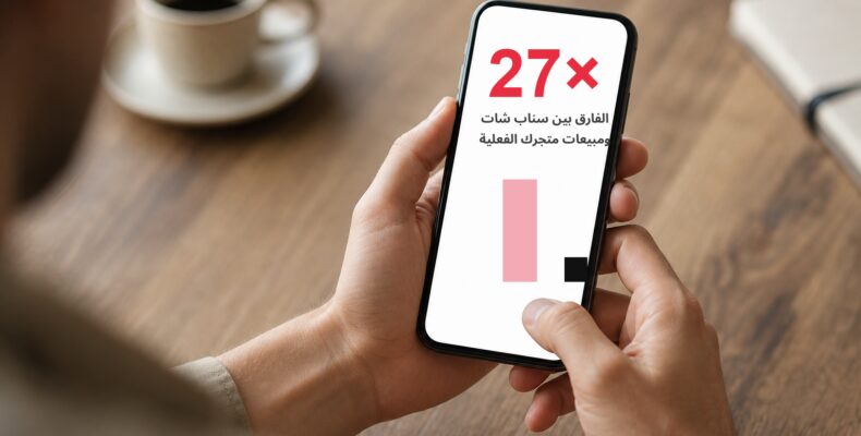 صورة هاتف حقيقي، الشاشة تعرض 27x الفارق بين مشتريات سناب شات المبلغ عنها ومبيعات المتجر الفعلية